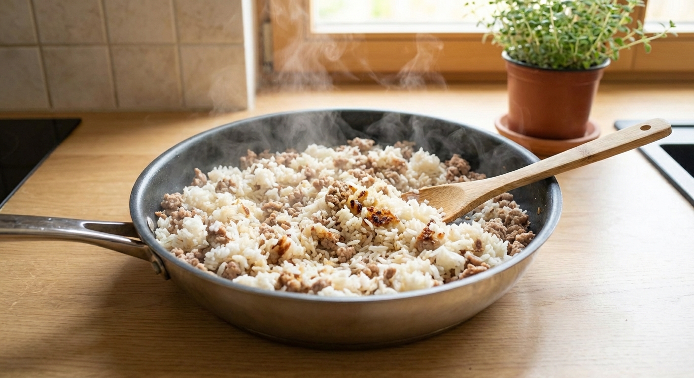 Cooked ground turkey and white rice cooling in a pan on a kitchen counter