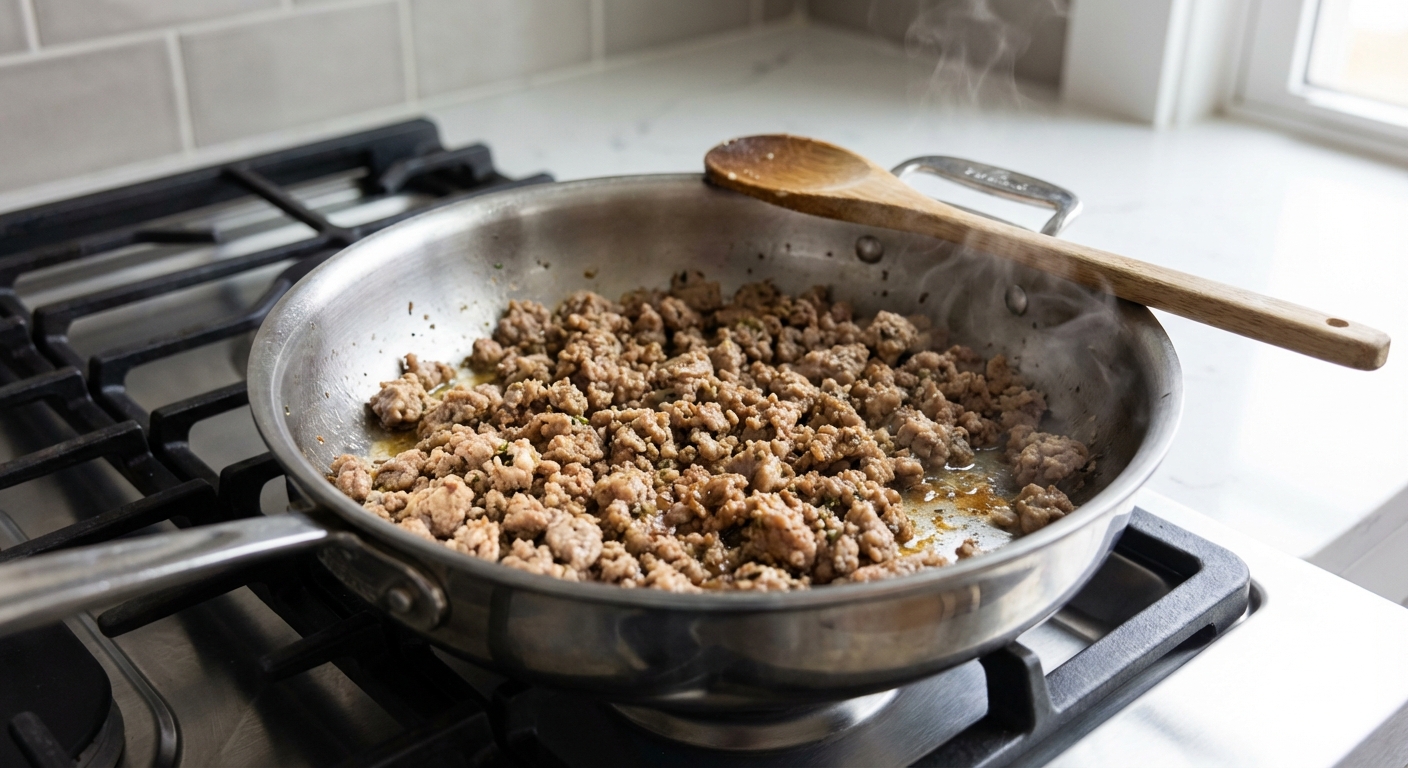 Cooked ground turkey cooling in a stainless steel pan on a stovetop