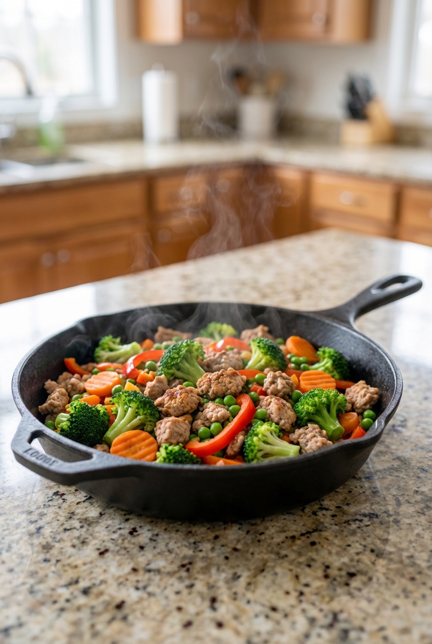 Cooked ground turkey in a skillet with steamed vegetables on a countertop