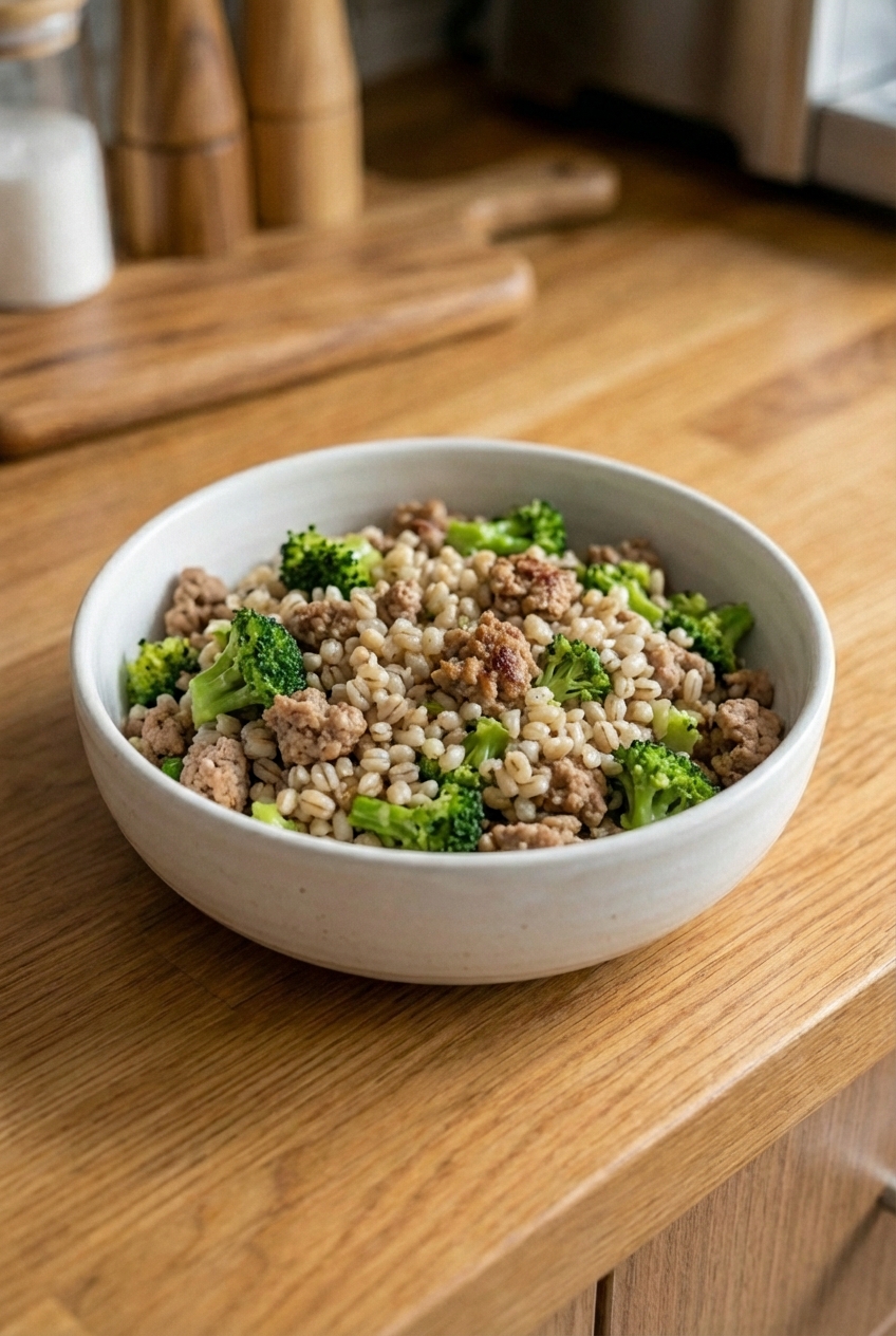 Cooked ground turkey with cooked barley and chopped cooked broccoli in a white bowl