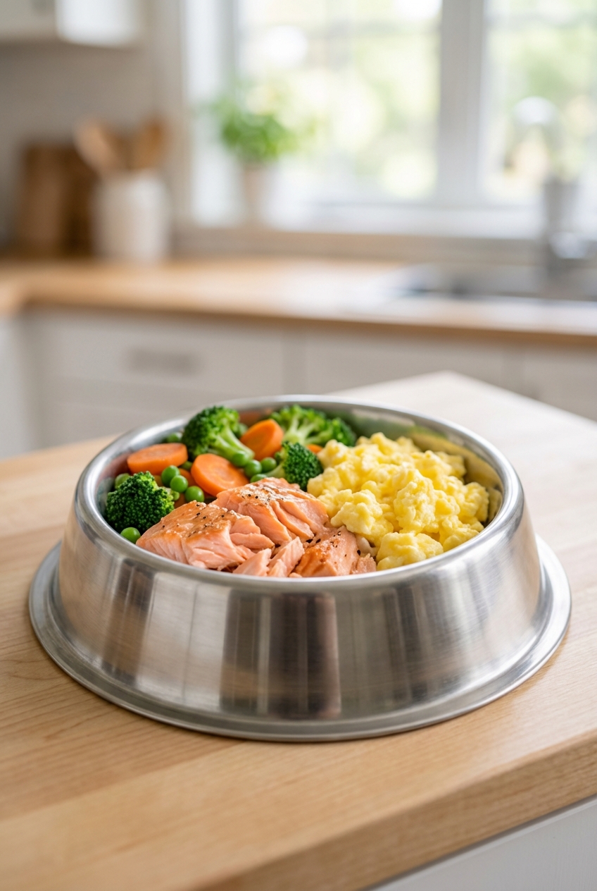 Cooked salmon, scrambled egg, and steamed vegetables arranged in a dog bowl on a countertop