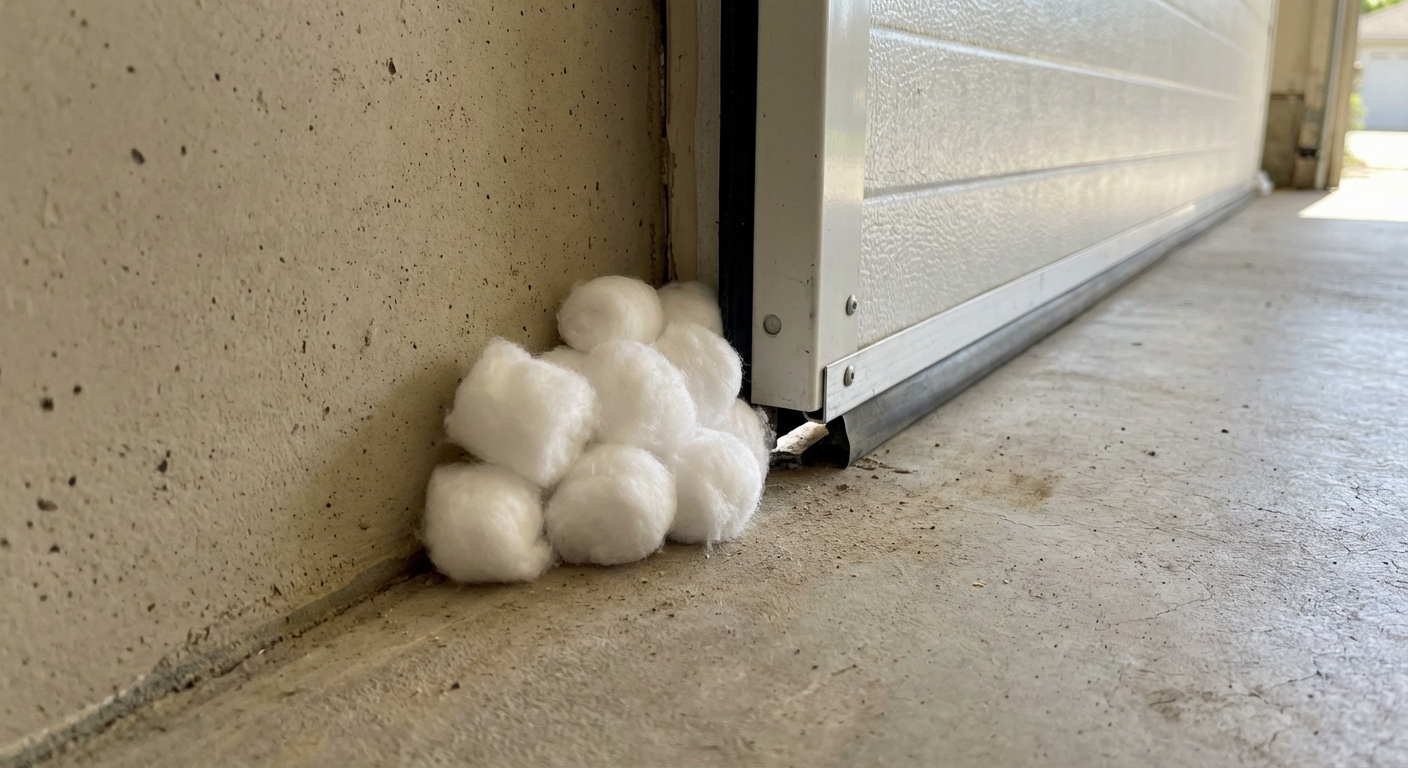 Cotton balls placed along a garage wall near a small gap under a door