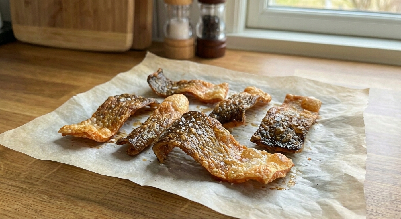 Crispy baked salmon skins cooling on parchment paper on a kitchen counter