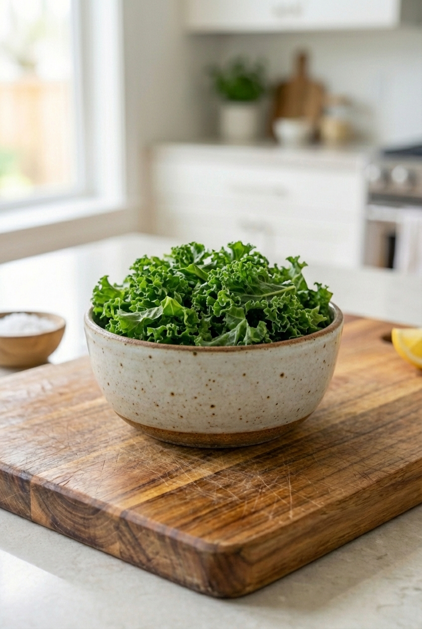 Curly kale leaves in a bowl
