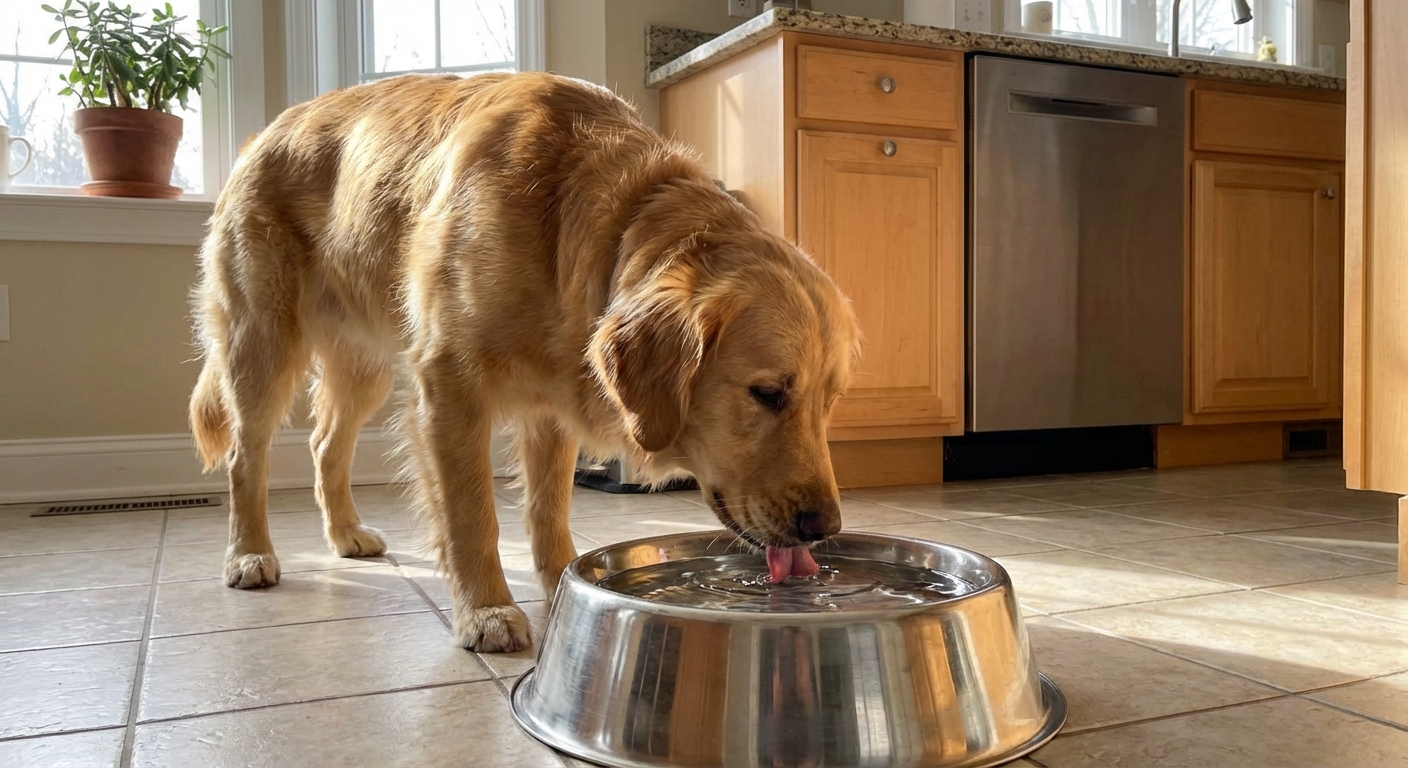 Dog drinking water from a stainless steel bowl in a kitchen