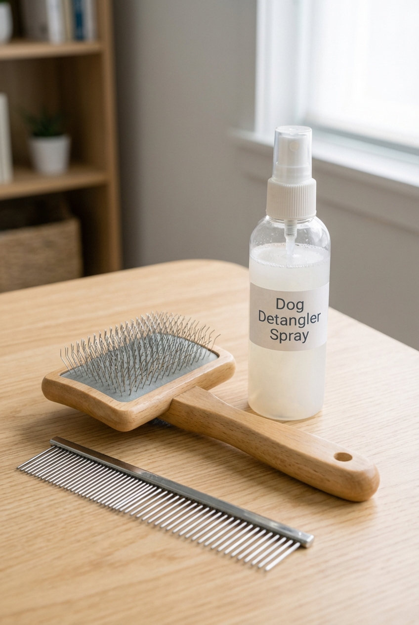 Dog grooming tools on a table including a slicker brush, metal comb, and detangling spray