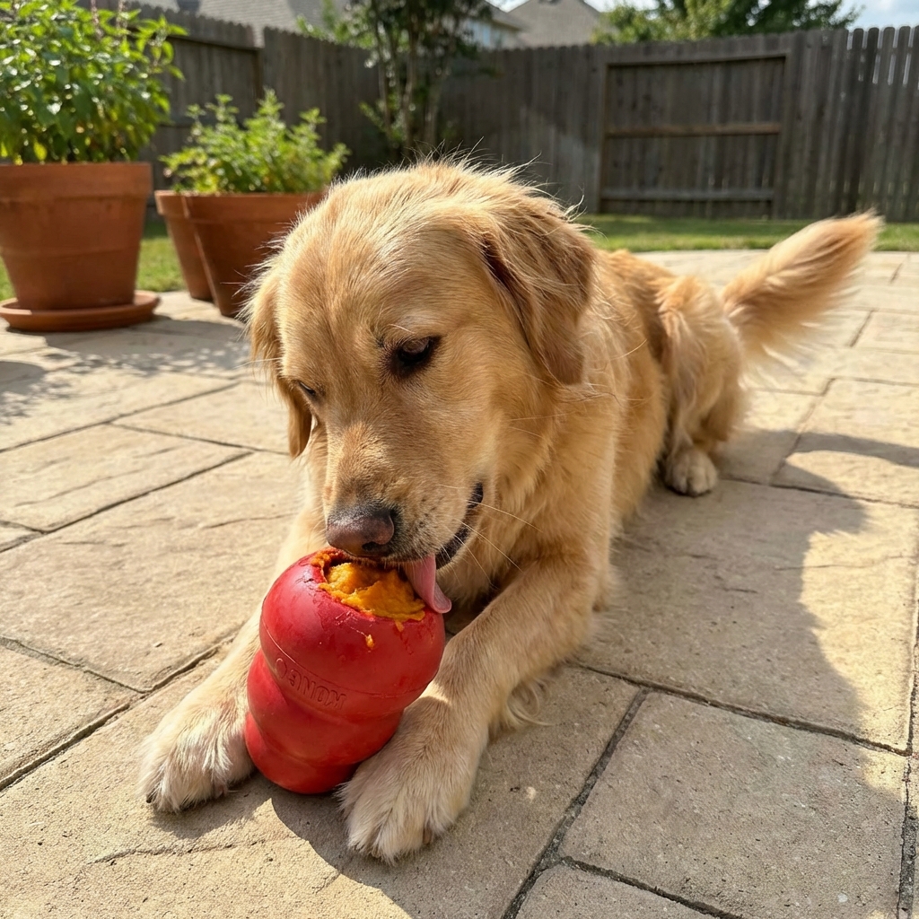 Dog licking a rubber enrichment toy filled with plain pumpkin on a patio