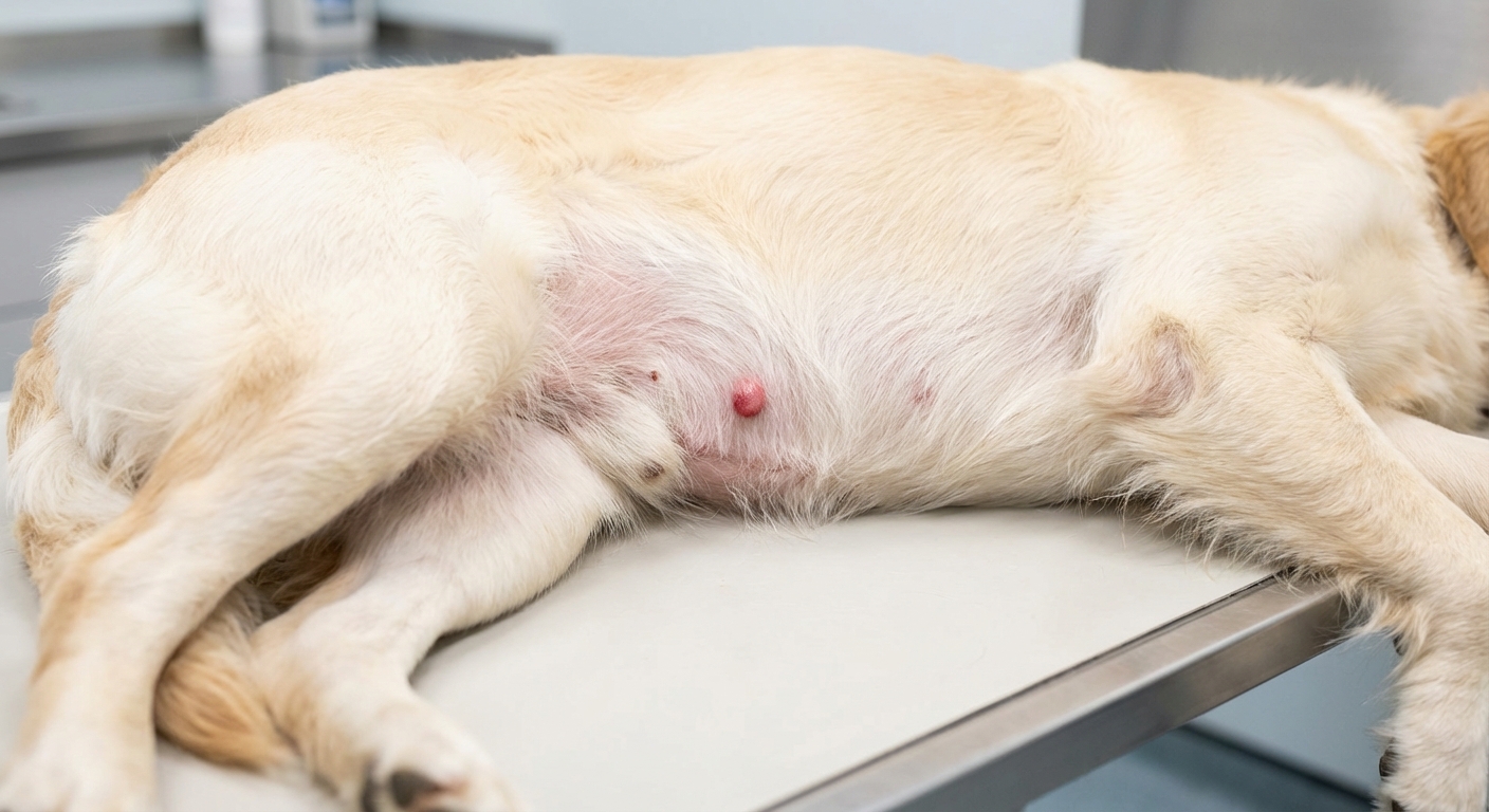 Dog lying on its side with a small red bump visible on a thin-haired belly area