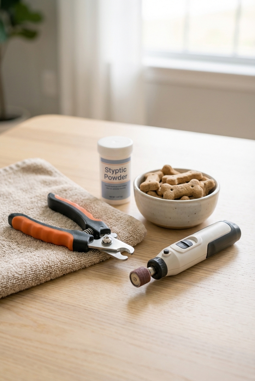 Dog nail trimming supplies on a table including clippers, a nail grinder, styptic powder, and treats