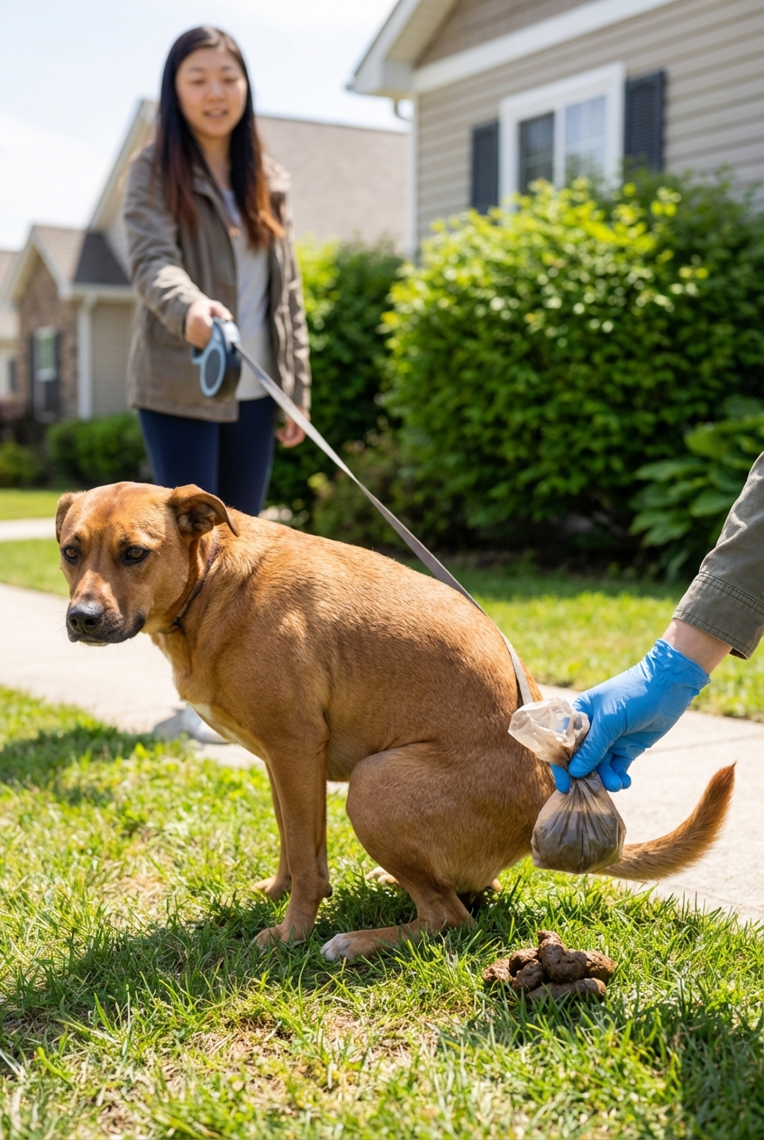 Dog on a leash during a neighborhood walk, a common time owners notice stool changes
