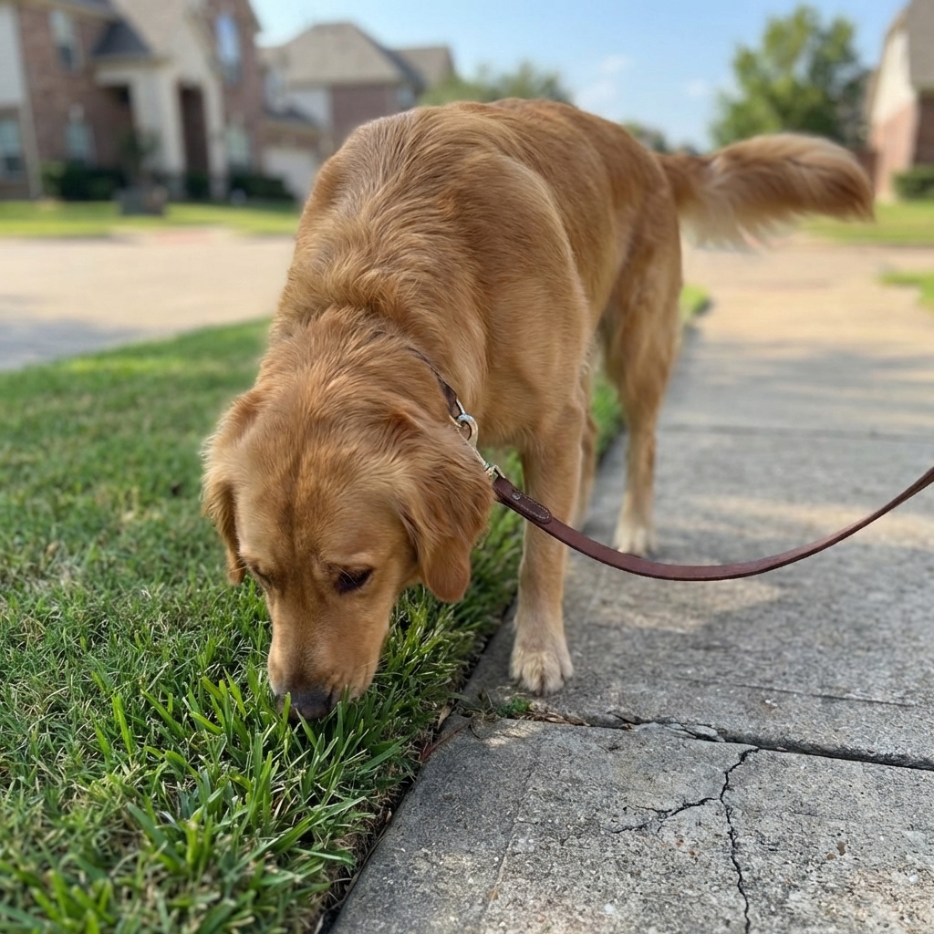 Dog on a leash sniffing a patch of grass near a sidewalk