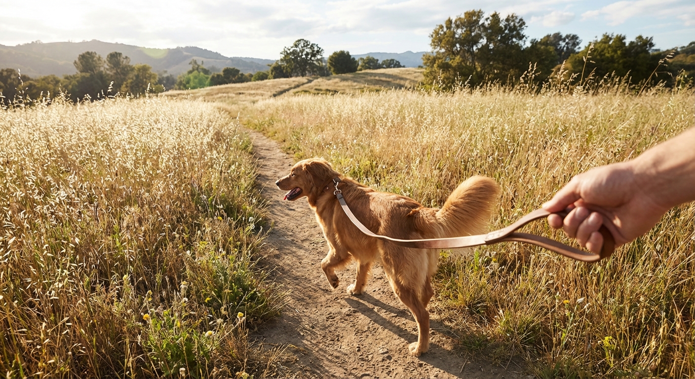 Dog on a leash walking on a trail with tall grass nearby in daylight