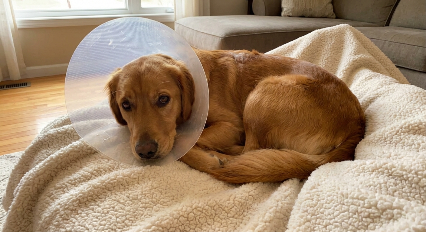 Dog resting at home on a soft blanket while wearing a clear plastic e-collar