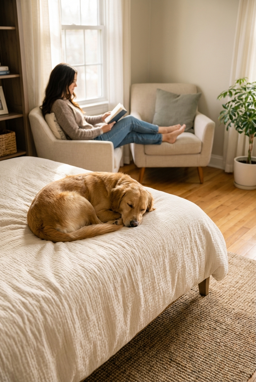 Dog resting on a bed in a quiet room while a person sits nearby giving the dog space