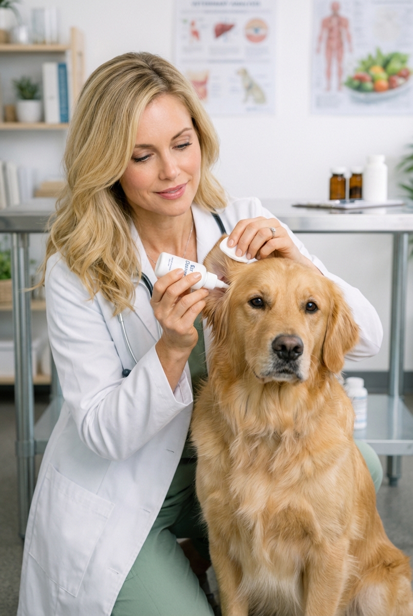 Dog sitting calmly while a person holds a dog ear cleaner bottle near the ear