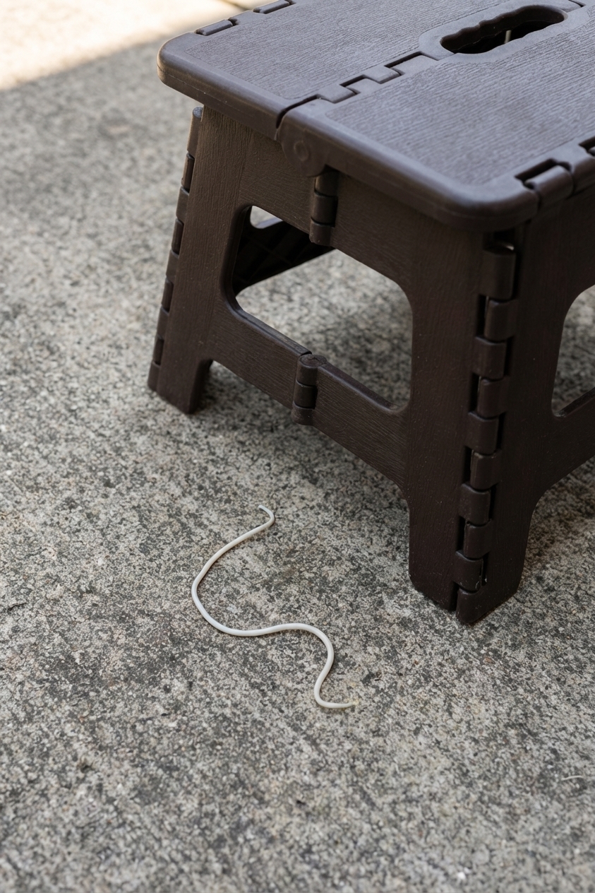 Dog stool on a concrete patio with one long white spaghetti-like worm visible next to the stool, close-up real photograph style