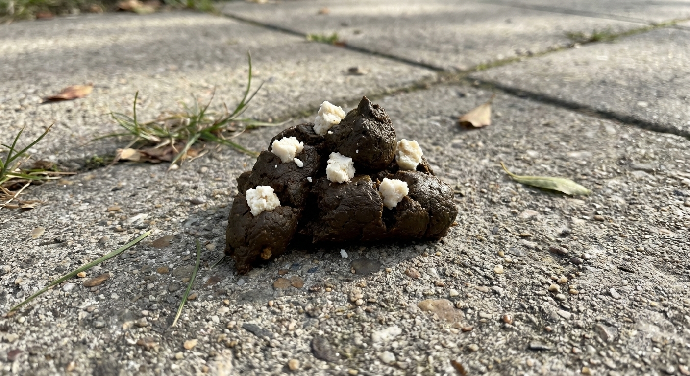 Dog stool on a sidewalk with a few small white crumbly chunks mixed in, close-up real photograph style