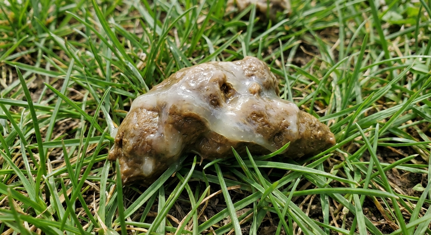 Dog stool on grass with a clear to whitish gelatinous mucus-like coating, close-up real photograph style