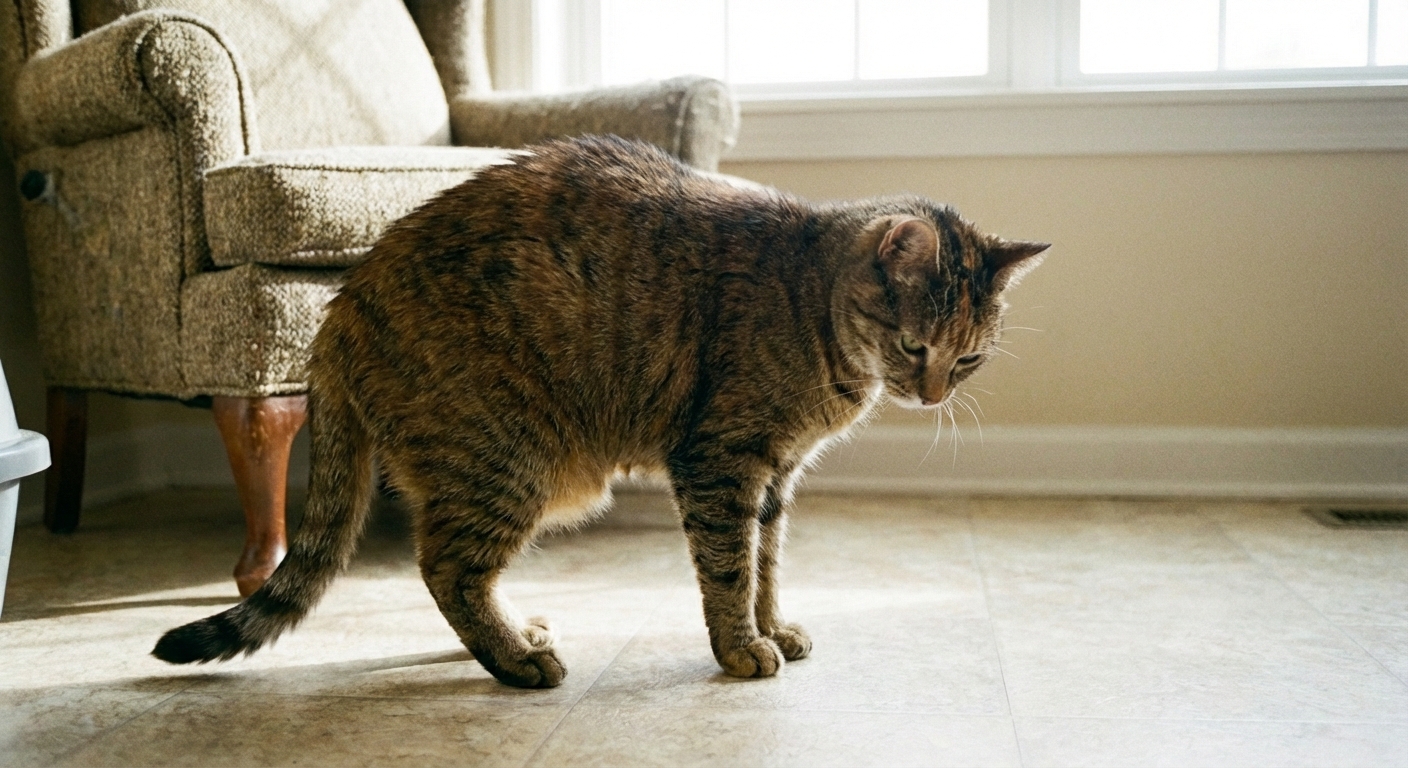 Domestic short-haired cat standing with a slightly hunched back on a living room floor