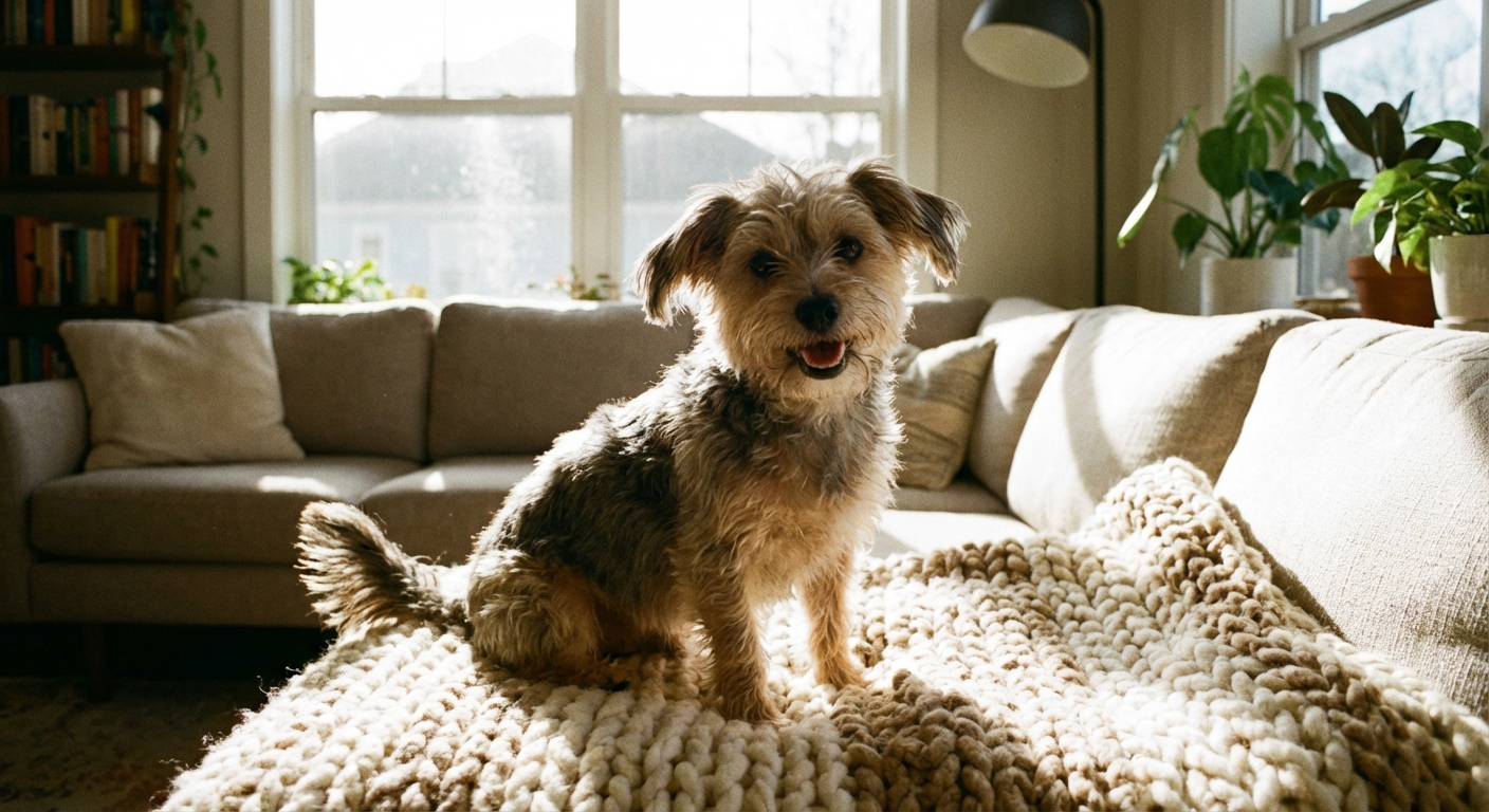 Featured image: a happy Yorkipoo sitting on a cozy blanket in a bright living room