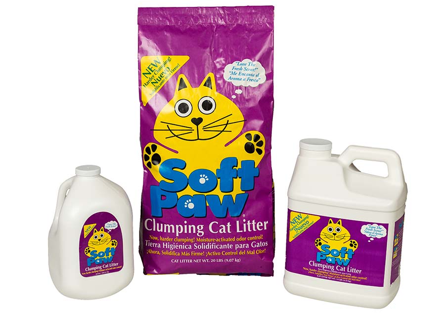 Fine, sand-like clumping cat litter in a scoop next to a clean litter box