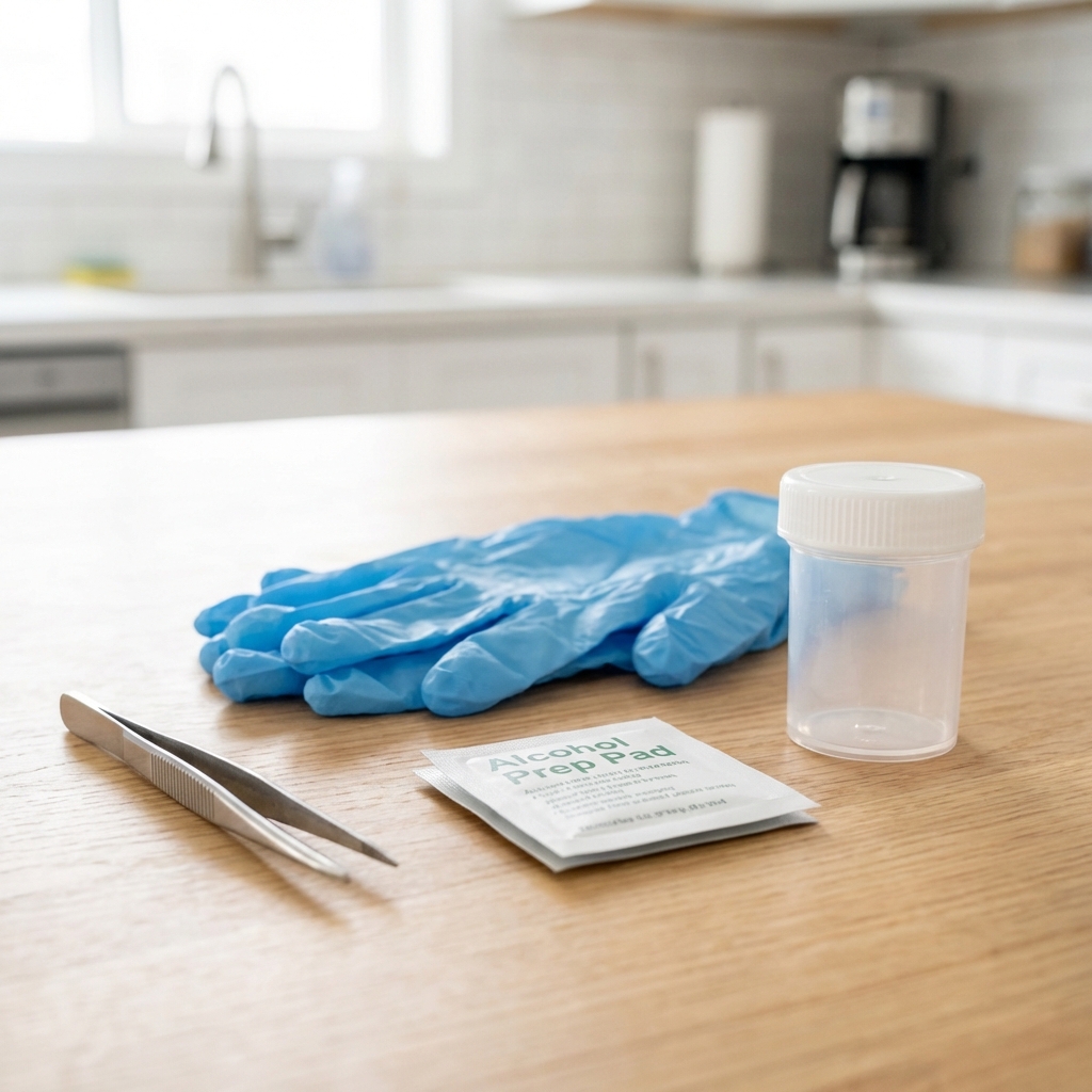 Fine-tipped tweezers, disposable gloves, alcohol wipes, and a small lidded container arranged on a countertop