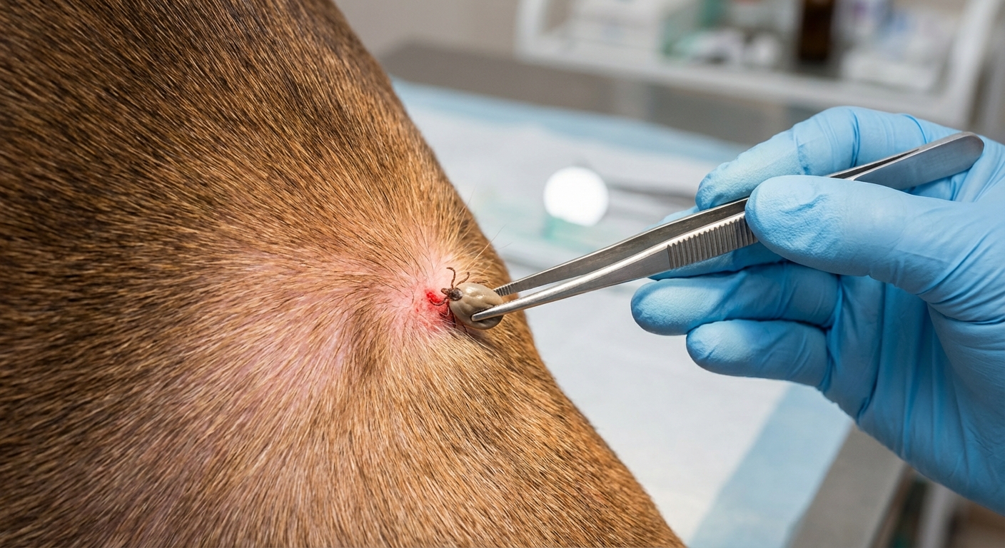 Fine-tipped tweezers gripping a tick close to a dog's skin