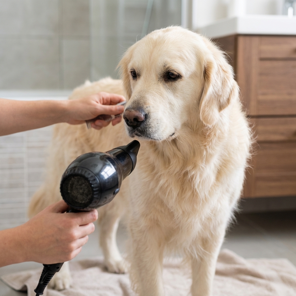 Fluffy dog being gently dried with a handheld dryer on a low setting