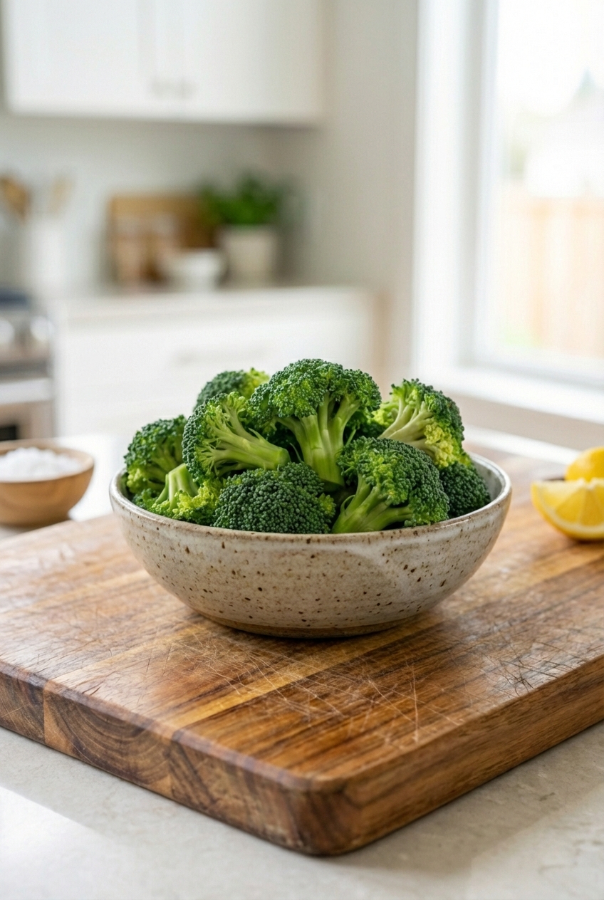 Fresh broccoli florets in a bowl on a kitchen counter
