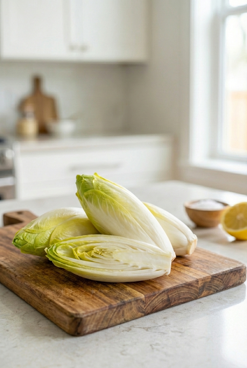 Fresh endive heads arranged on a kitchen counter