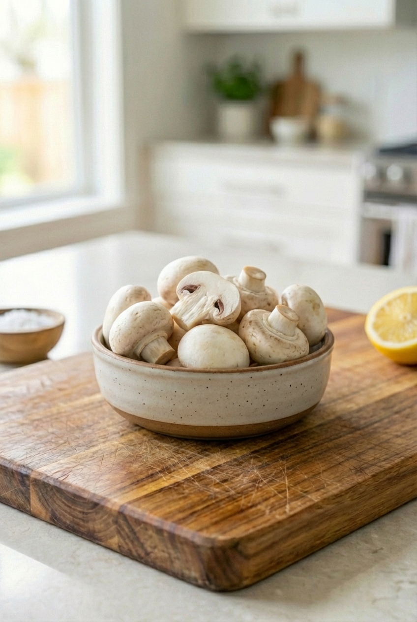 Fresh white button mushrooms in a small bowl