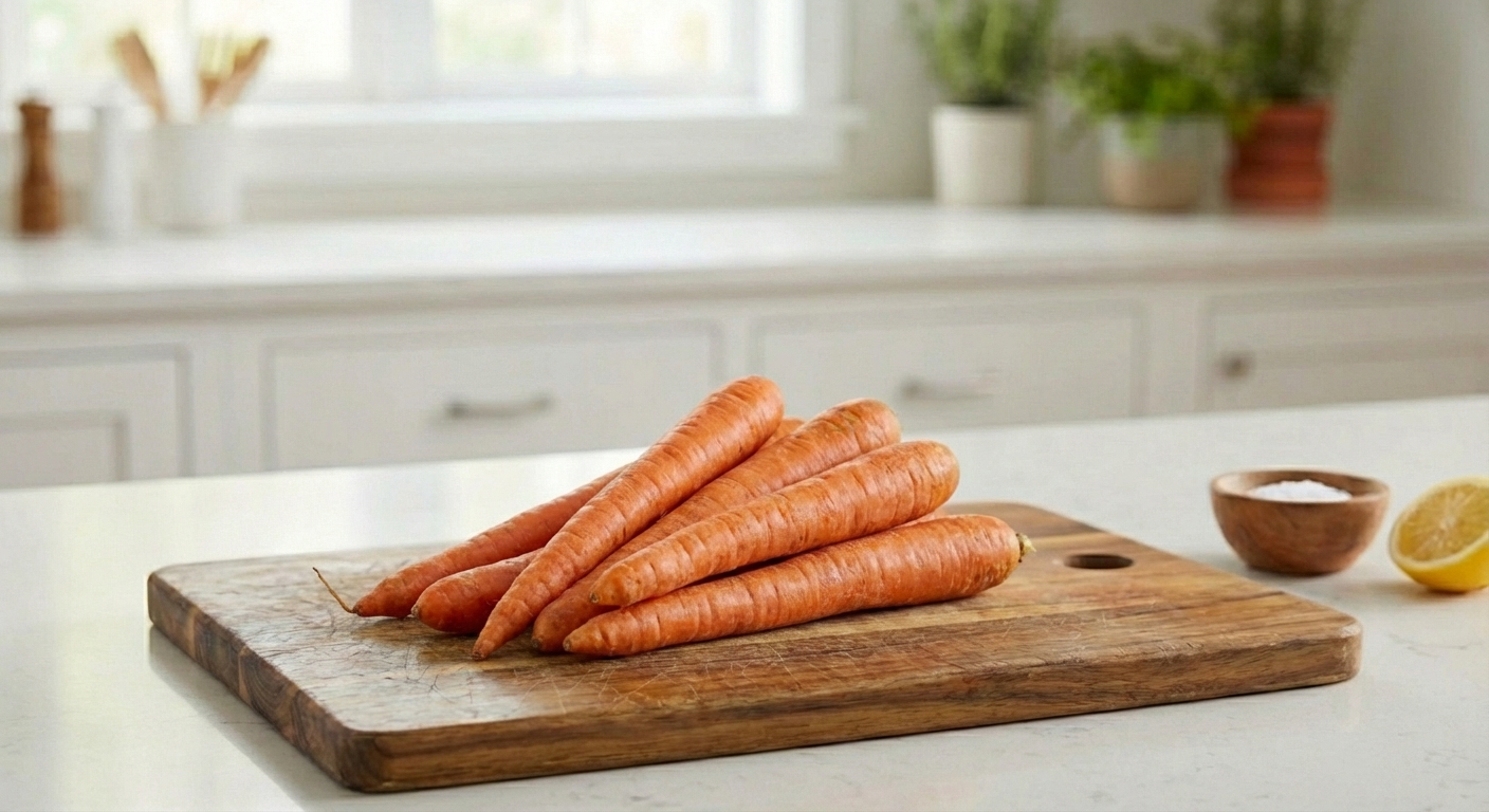 Fresh whole carrots with tops removed on a cutting board