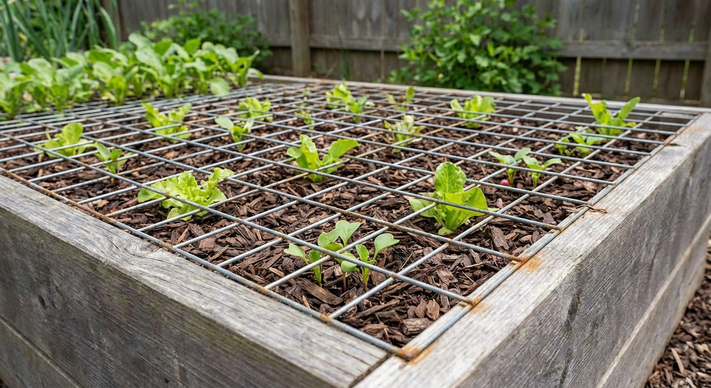Garden bed covered with flat garden mesh and mulch around small plants