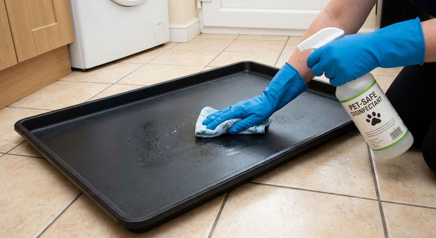 Gloved hands wiping down a plastic dog crate tray with disinfectant on a tiled floor