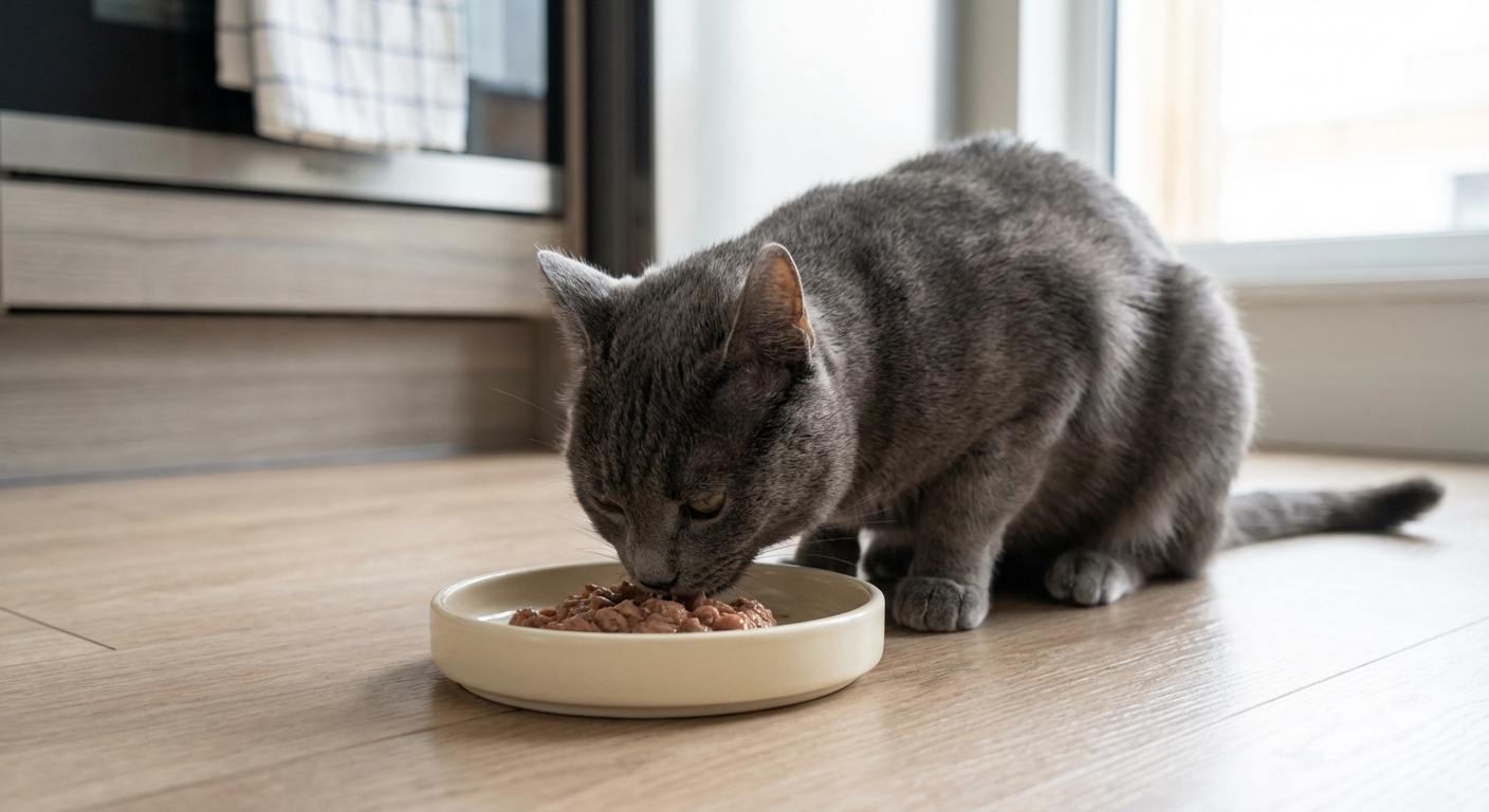 Gray cat calmly eating wet food from a ceramic dish on a kitchen floor
