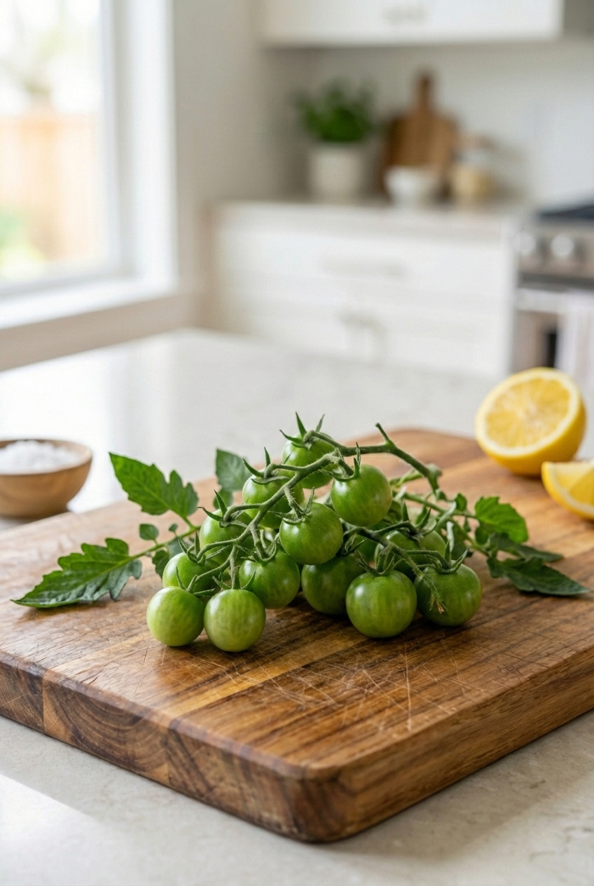 Green unripe tomatoes on the vine