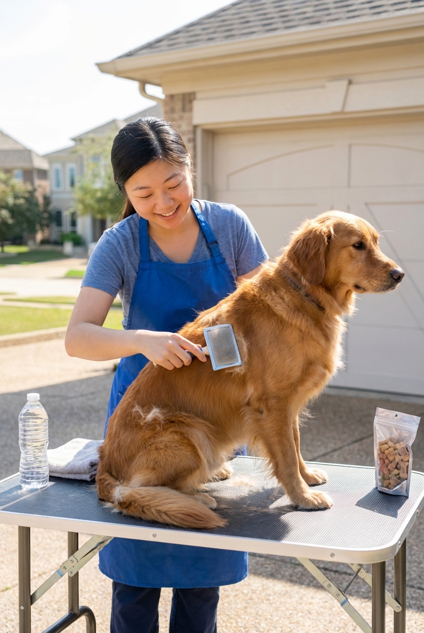 Groomer brushing a medium-sized dog with a slicker brush