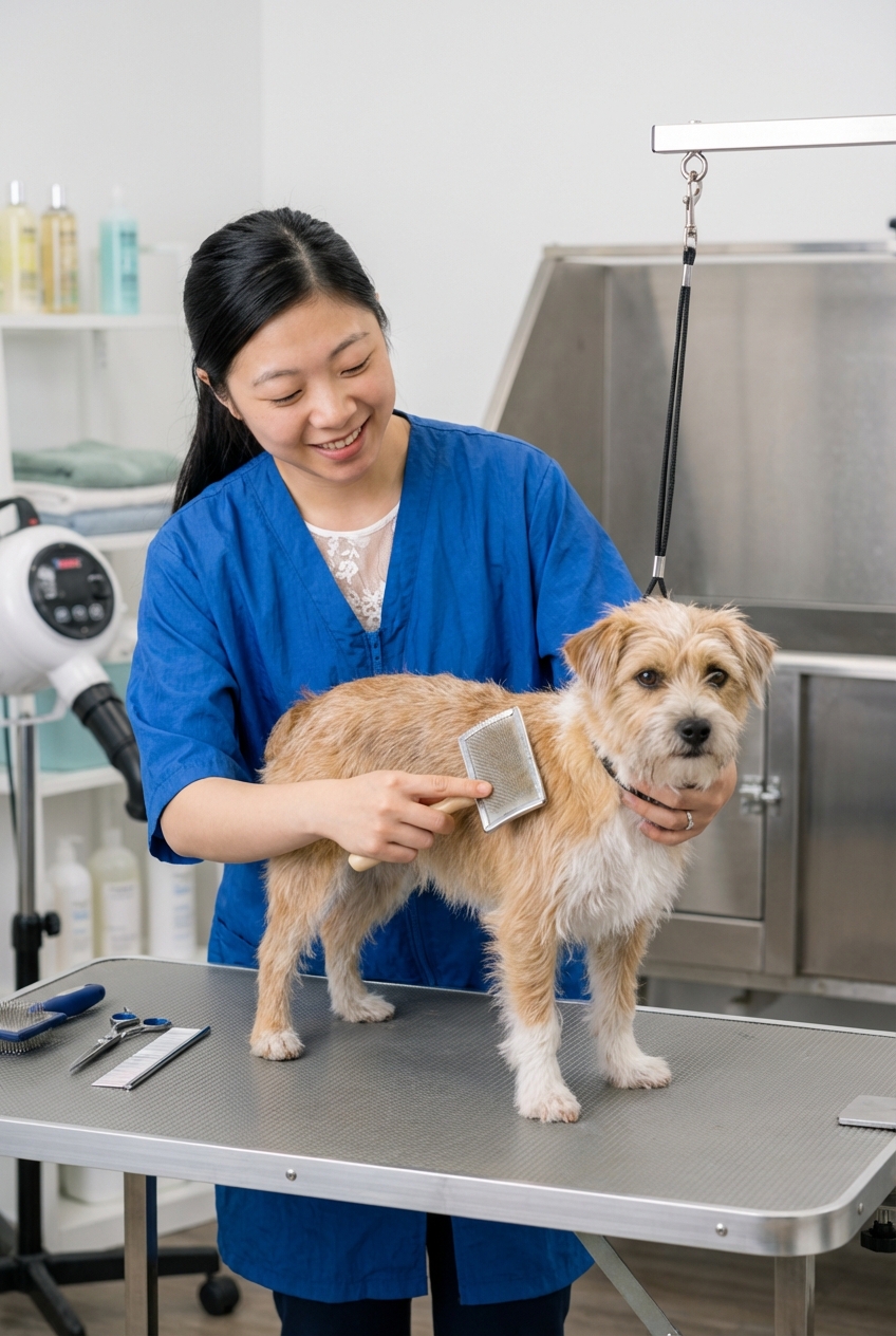 Groomer brushing a small mixed-breed dog on a grooming table