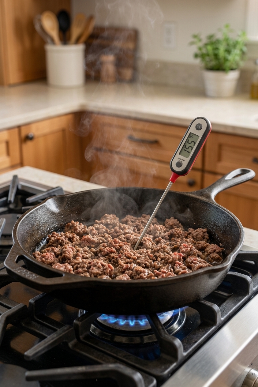 Ground beef cooking in a skillet on a stovetop with a meat thermometer inserted, steam rising, kitchen scene, photorealistic