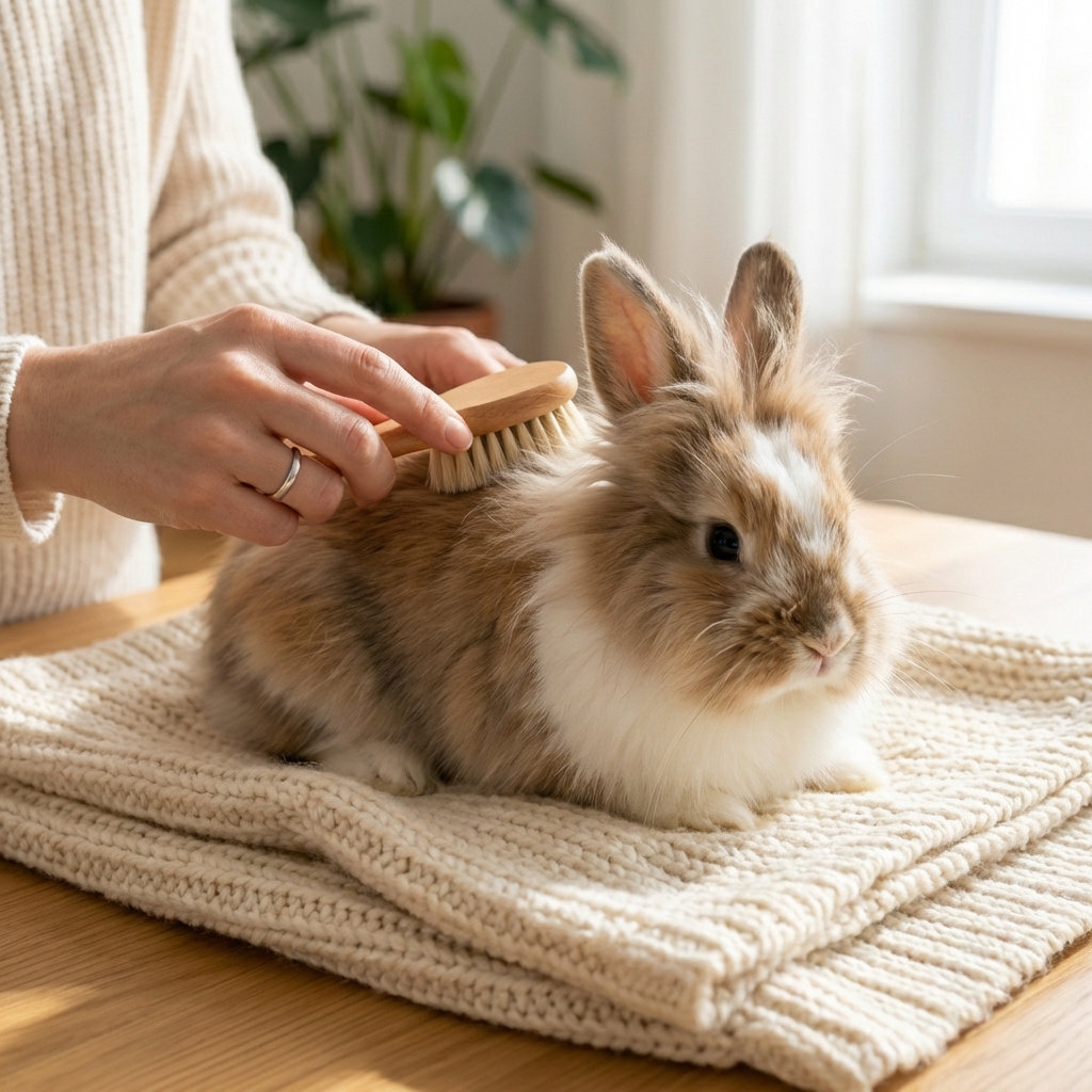 Hands gently brushing a Lionhead rabbit on a towel-covered table