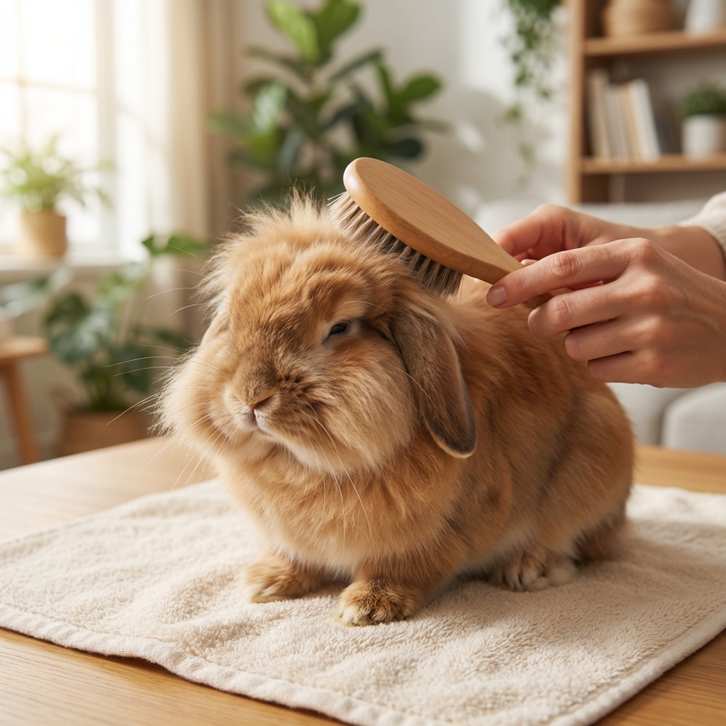 Hands gently brushing a Lionhead rabbit while the rabbit sits calmly on a towel