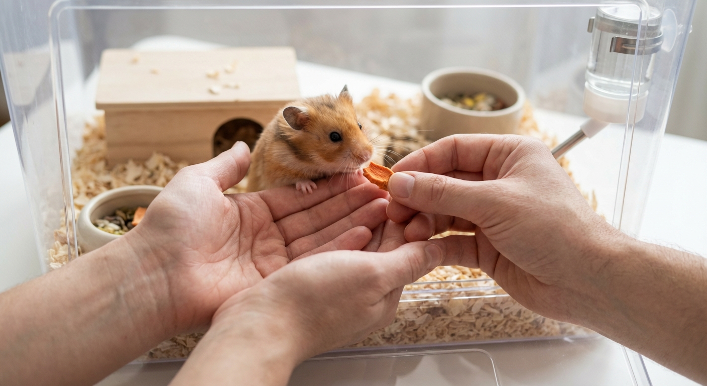 Hands gently cupped near a hamster in an enclosure while offering a small treat