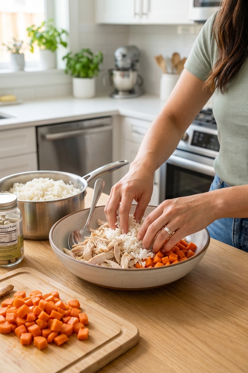 Hands preparing homemade dog food with shredded cooked chicken, a pot of white rice, and a cutting board with cooked carrots in a clean home kitchen, photorealistic