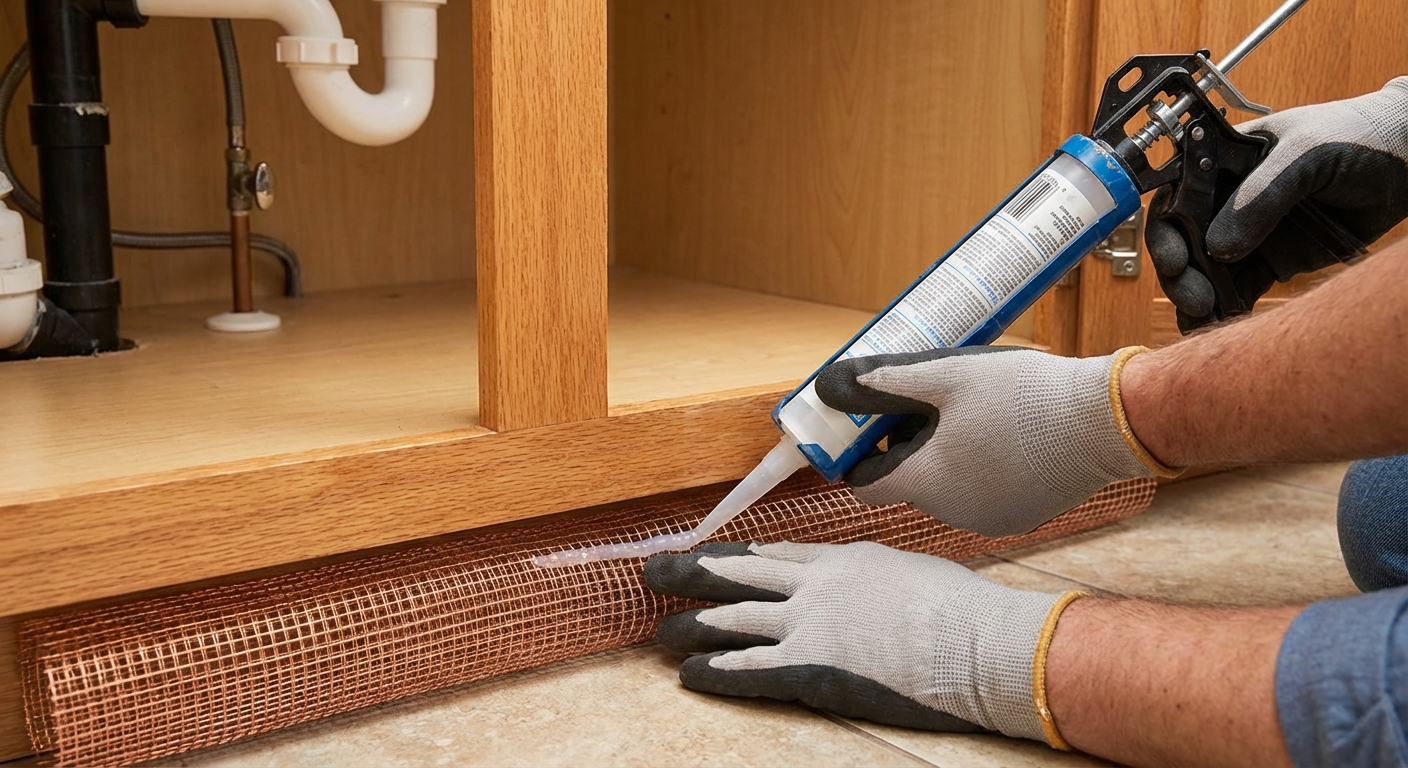 Hands sealing a small gap under a kitchen sink with copper mesh and caulk