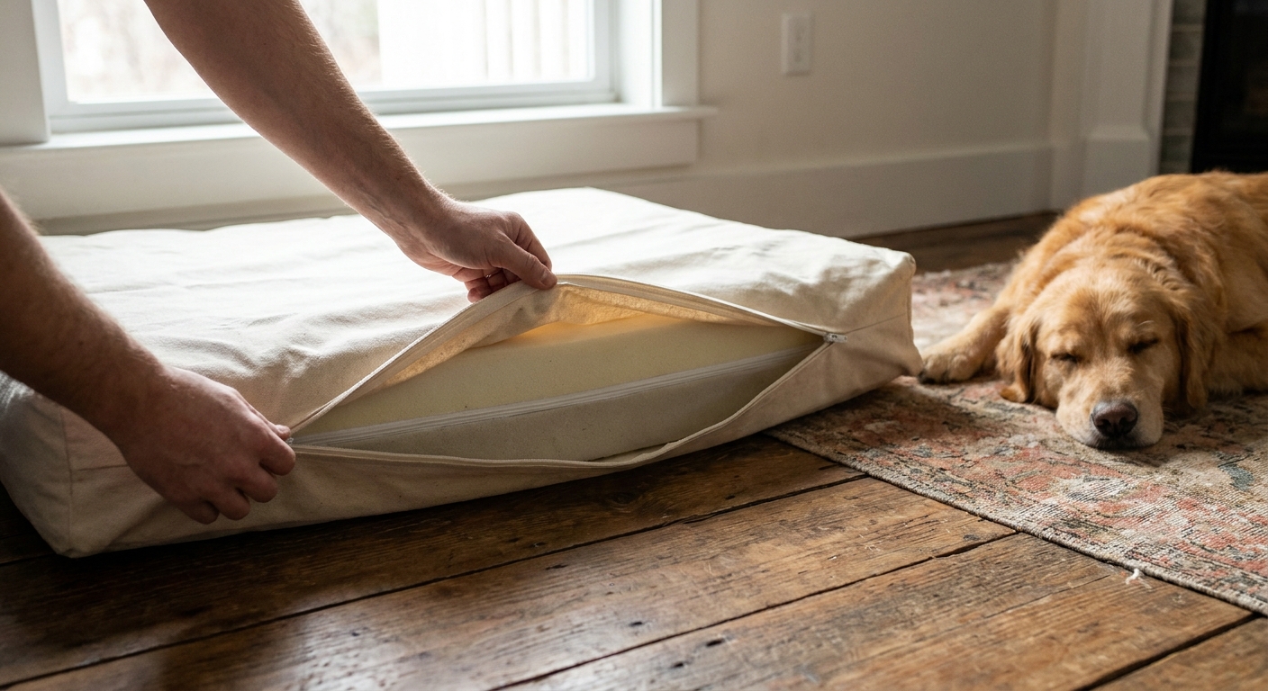 Hands unzipping a removable washable dog bed cover on a living room floor