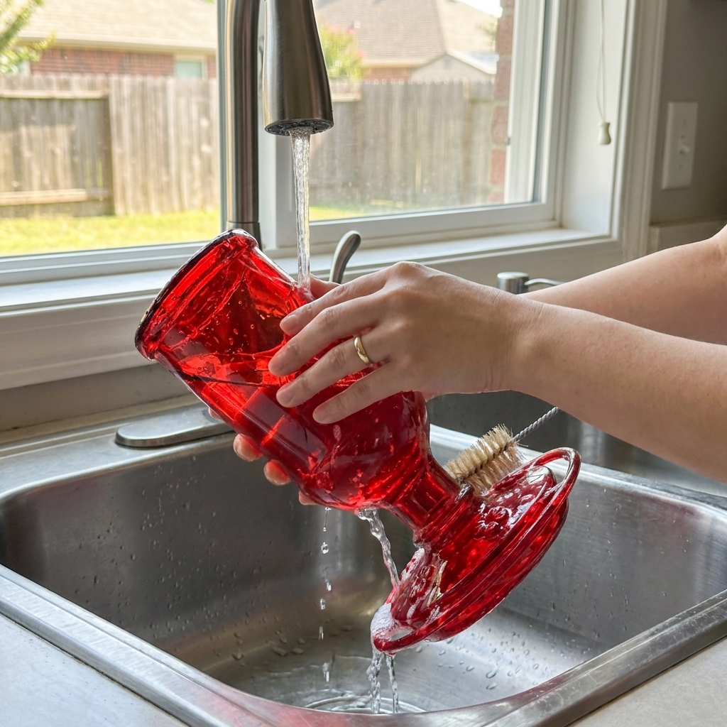 Hands washing a hummingbird feeder in a kitchen sink with a small brush