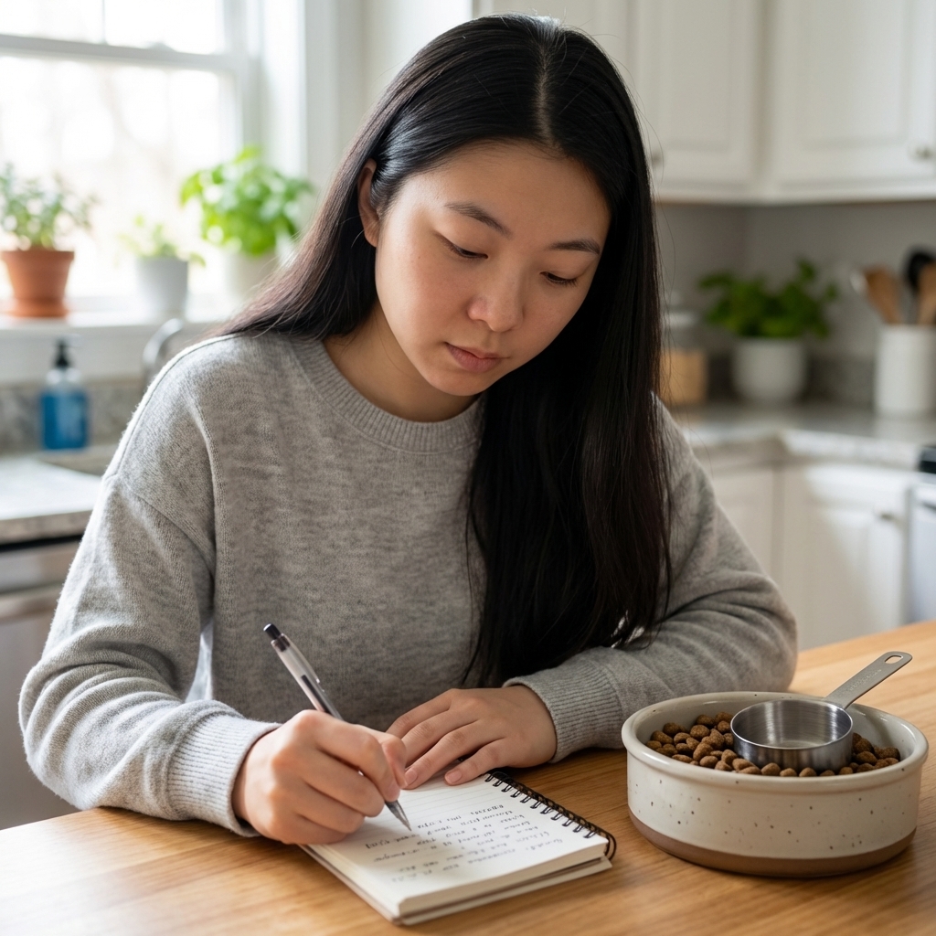 Handwriting notes in a small notebook next to a dog food bowl and measuring cup on a kitchen counter, soft natural light, photorealistic