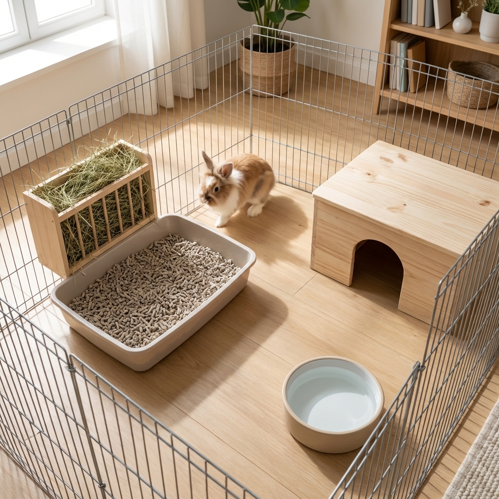 Indoor rabbit exercise pen with a litter box, hay feeder, water bowl, and a hideout