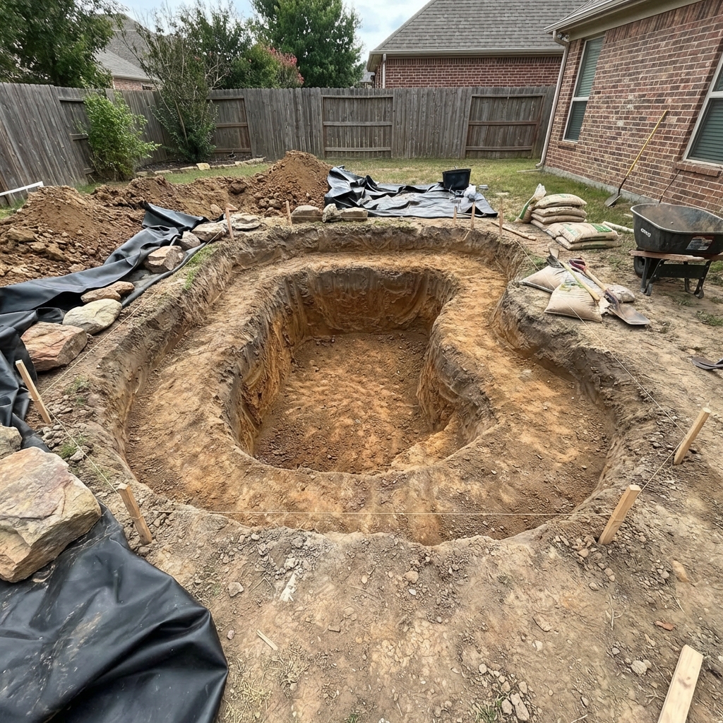 Koi pond under construction with an excavated deep area and a shallower shelf