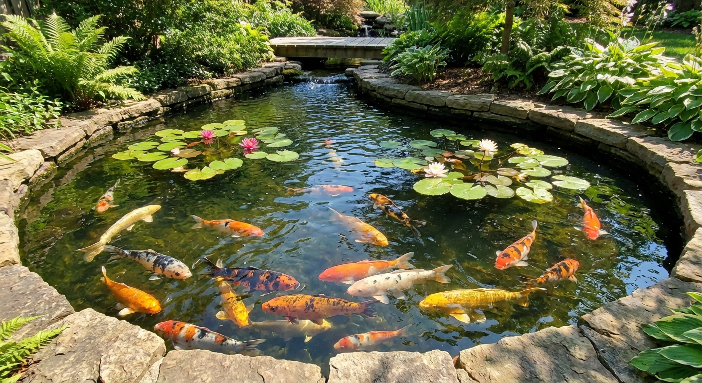 Koi pond with lily pads and koi swimming beneath the surface in natural daylight